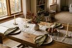 Autumn table styling inspiration for Thanksgiving and Friendsgiving with natural linen, earthy ceramics, and warm neutral tones.
