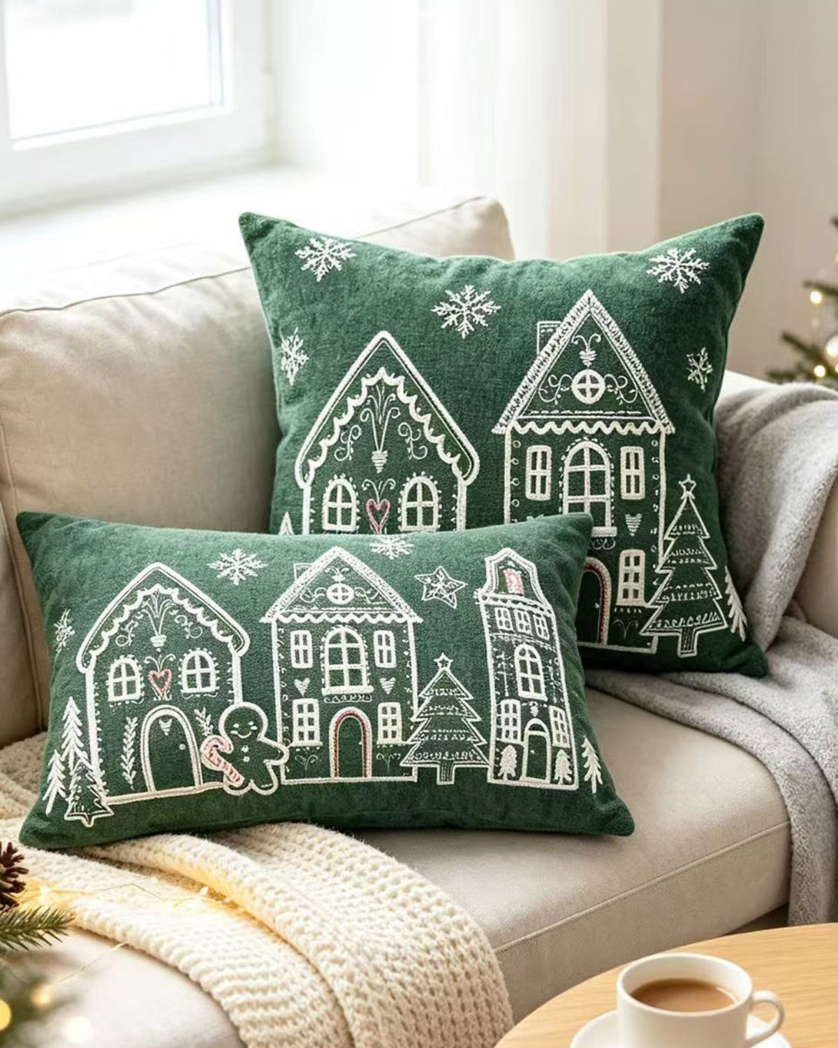 Green Christmas village embroidered pillows on a cream sofa beside a knitted throw