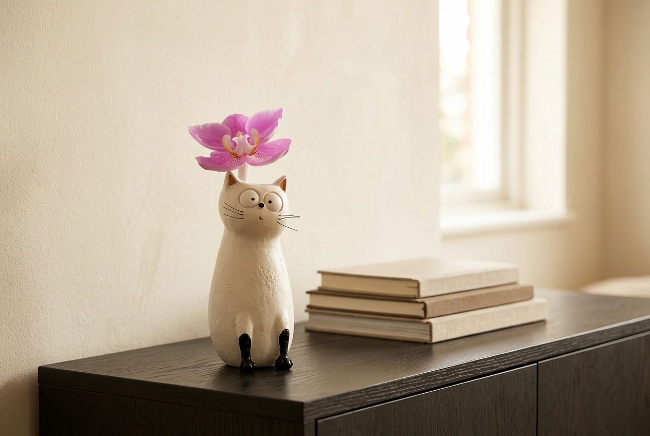 White cat-shaped vase holding a pink flower beside stacked books on a dark wooden sideboard in warm window light.
