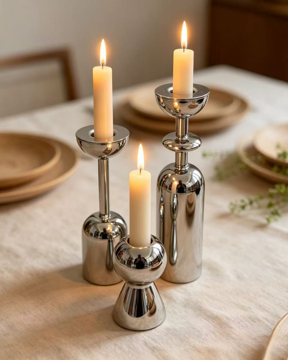Three silver-tone geometric candle holders styled on a dining table.