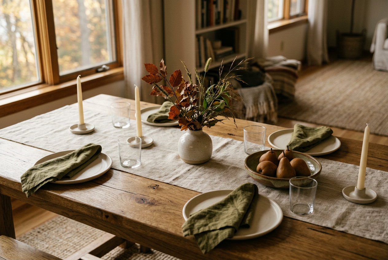 Autumn table styling inspiration for Thanksgiving and Friendsgiving with natural linen, earthy ceramics, and warm neutral tones.