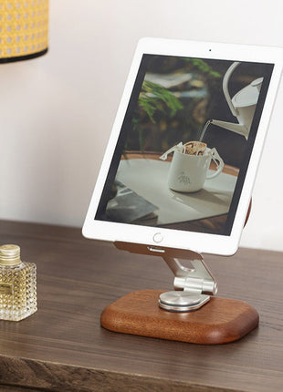 Shiba-Handyhalter aus Holz mit Metallfuß, Tablet im Halter, braun