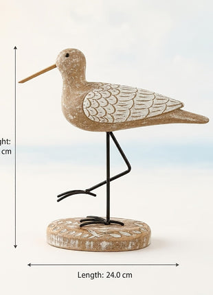 Einzelne Möwen-Holzfigur mit Flügel-Schuppenmuster, schwarze Metallbeine und runder Holzfuß
