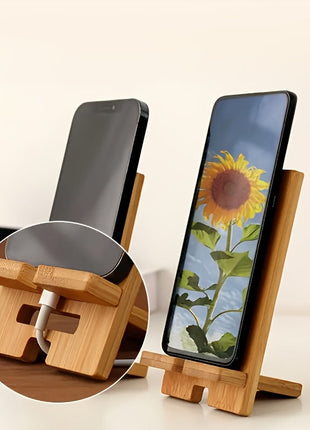 Bambus-Handyhalter mit Antirutschpads und Kabeldurchlass, Smartphone in Seitenansicht