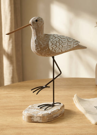 Möwen-Holzfigur mit Flügel-Schuppenmuster auf schwarzem Metallbein, runder Holzsockel