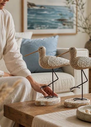 2er-Set Möwen-Holzfiguren mit Metallbeinen, grau-braun, auf runden Sockeln