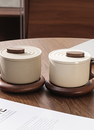Lignovancia Keramik-Kaffeetasse mit Holzgriff und Untersetzer, mit Deckel, cremefarben