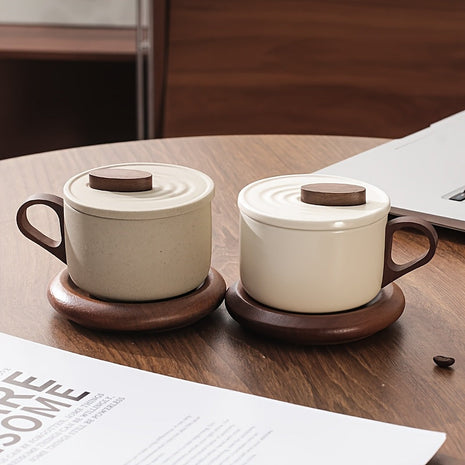 Lignovancia Keramik-Kaffeetasse mit Holzgriff und Untersetzer, mit Deckel, cremefarben