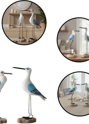 Set aus 2 Holz-Seemöwenfiguren, blauweiß bemalt, freistehend auf Metallständern