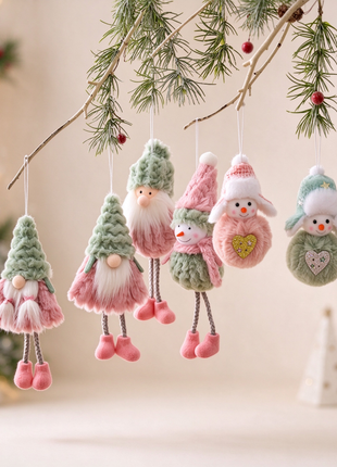 6-Piece Christmas Gnome Ornament Set – Pink & Sage Green Tree Decorations Lignovancia