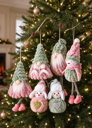 6-Piece Christmas Gnome Ornament Set – Pink & Sage Green Tree Decorations Lignovancia