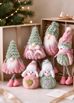 6-Piece Christmas Gnome Ornament Set – Pink & Sage Green Tree Decorations Lignovancia