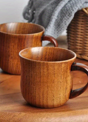2er-Set Holzbecher mit Henkel, braunes Holz, runde Öffnung, Vorderansicht