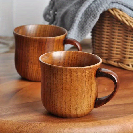 2er-Set Holzbecher mit Henkel, braunes Holz, runde Öffnung, Vorderansicht
