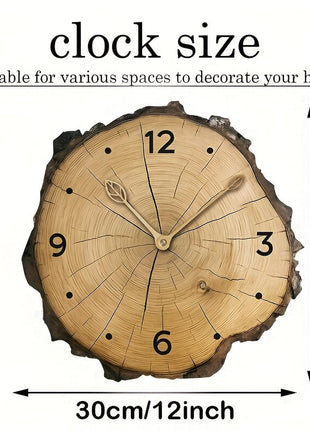Holz-Wanduhr mit Maßangaben: 30 cm (12 Zoll), unregelmäßige Holzform und Ziffern