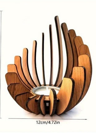 Holz-Kerzenhalter im Lotusdesign mit Maßangaben: 12 cm und 15 cm (Skizze).