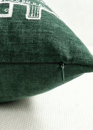 Concealed zipper on deep green Christmas village pillow cover