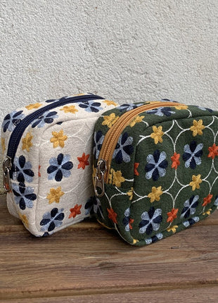 Natural ivory and olive green floral embroidered mini zipper pouches
