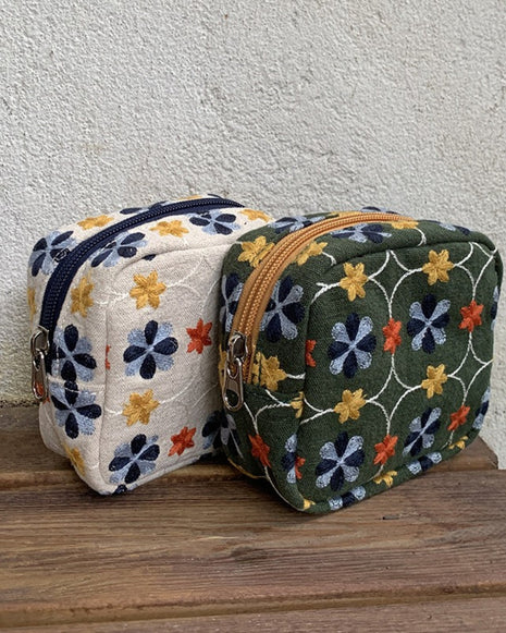 Natural ivory and olive green floral embroidered mini zipper pouches