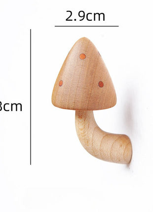 Holz-Pilz-Kühlschrankmagnet: heller Kegelhut mit roten Punkten und langem Stiel