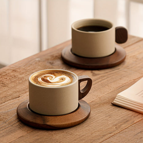 Keramik-Tasse mit Untertasse, beiger Becher mit braunem Griff und dunklem Heißgetränk