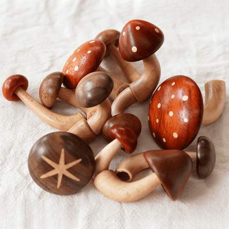 Holz-Pilz-Kühlschrankmagnet-Set mit mehreren Pilzen, Hüte mit Tupfen und Sternen