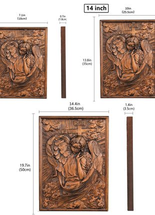 Quadratische Holz-Wandplatte mit Engelrelief, Maße/Abmessungen als Schaubild
