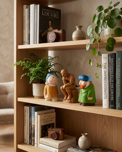Handgefertigte Holzskulpturen: drei Figuren auf einem Holzregal, mit blauem Kopftuch und grüner Kleidung.