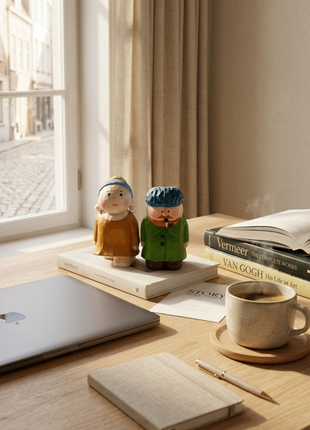 Zwei handgefertigte Holzskulpturen auf dem Tisch: grüne Figur und gelb gekleidete Figur.