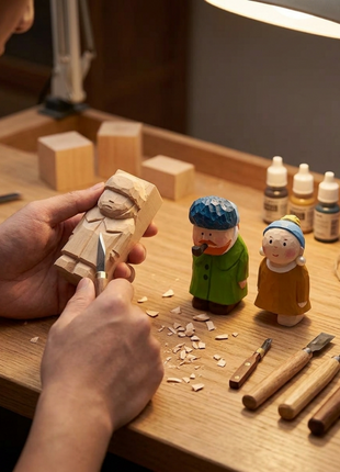 Holzskulptur im Entstehungsprozess: Hand hält Figurrohling, daneben kleine fertige Figuren.