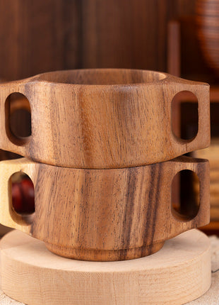 Akazienholz-Tasse mit Doppelgriffen, zwei Schalen übereinander