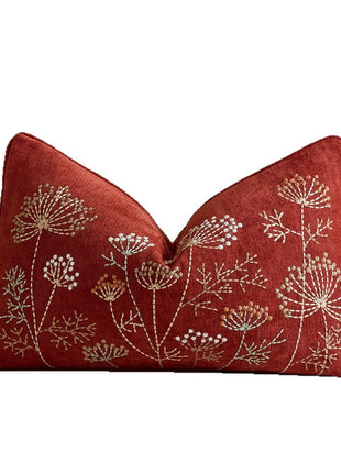 Brown rectangular chenille pillow cover with dandelion embroidery