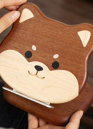Shiba-Hund-Handyhalter aus Holz mit Motiv, Metallstütze und verstellbarer Ablage, braun