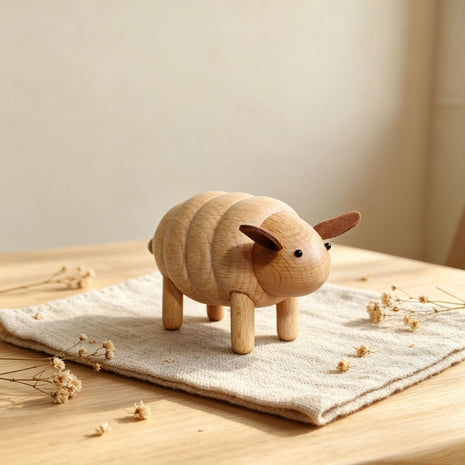 Schaf aus Buchenholz als Dekofigur, kleine Frontansicht mit braunen Ohren und schwarzem Auge.