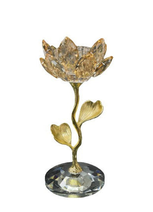 Einzelner Kristall-Lotus-Kerzenhalter mit goldfarbenem Stiel und facettiertem Sockel
