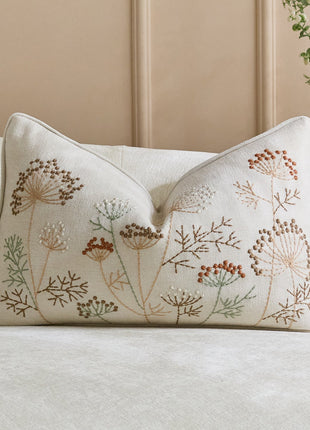 Ivory rectangular chenille pillow cover with dandelion embroidery