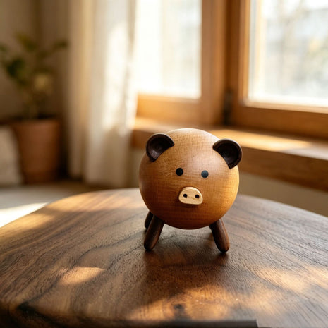 Holz-Schweinchen mit runden Ohren und ausgestanzter Schnauze, Deko-Tierfigur