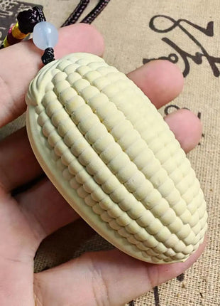 Korn-Anhänger aus Naturholz, hellgelb gerippt, mit Perlenband und hellblauem Stein