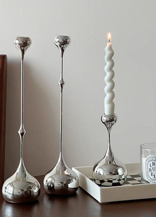 Tropfen-Kerzenhalter-Set aus Metall, silberfarben, für Stabkerzen