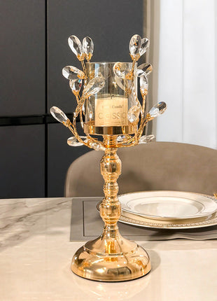 Goldener Glas-Kerzenhalter mit gläsernen Schmuckzweigen und goldenem Standfuß