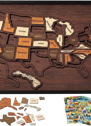 Holz-Wandpuzzle mit USA-Karte und Bundesstaat-Teilen, Frontansicht im Rahmen