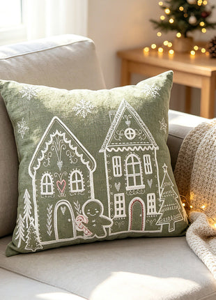 Light green square chenille pillow cover with winter village embroidery