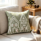 Light green square chenille pillow cover with winter village embroidery