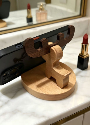 Schreibtisch-Deko und Handyhalter aus Massivholz mit Hirschfigur und Sockel