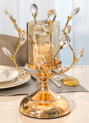 Goldener Glas-Kerzenhalter mit Kristallzweigen, gläserner Hülse und breiter Fußplatte