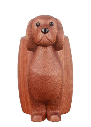 Brauner Hund-Stifthalter aus Massivholz, Vorderansicht mit geformtem Gesicht