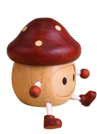 Pilzförmige Holz-Aufbewahrungsbox mit Hut und Smiley-Gesicht, weißliche Flecken