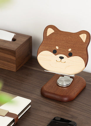 Shiba-Handyhalter aus Massivholz mit Metallfuß und Hundekopf-Motiv, braun