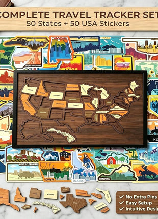 USA-Kartenpuzzle-Set aus Holz mit Rahmen und Karton-Elementen, plus Bundesstaat-Teile