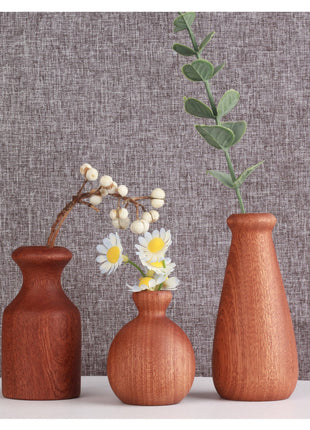 Drei Holz-Trockenblumenvasen in rustikalem Braun, unterschiedliche Formen, Deko-Set